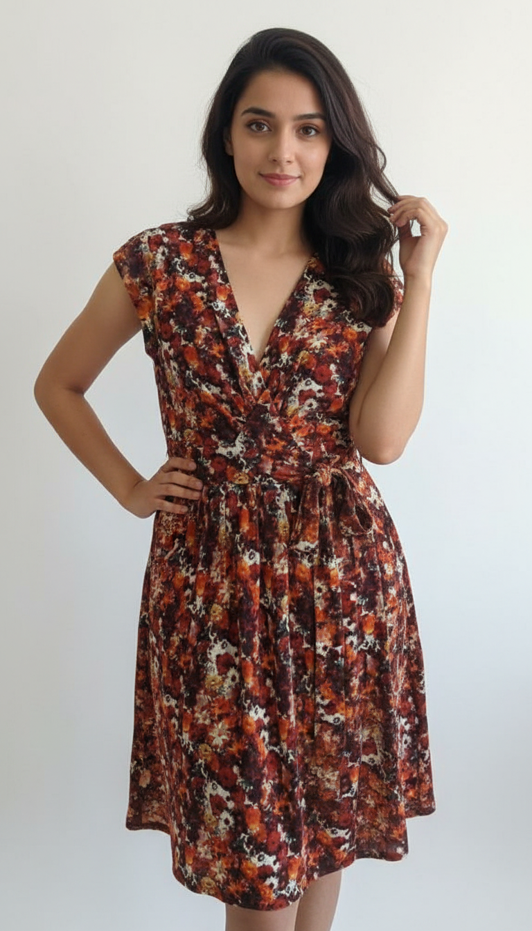 Rust Bloom V-Neck A-Line Dress