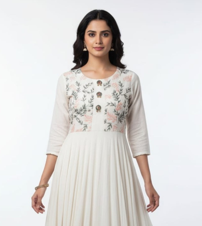 Ivory Floral Printed Anarkali Kurta
